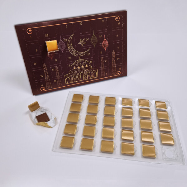 Ramadan advent calendar 30 windows vacuum-formed tray Neapolitan chocolates custom printed, UK manufactured by Create-This Ltd