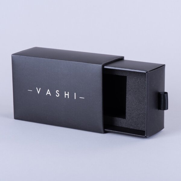 Rigid style sliding presentation box black material foam fitment foil blocked for in-store retail, UK manufactured by Create-This Ltd