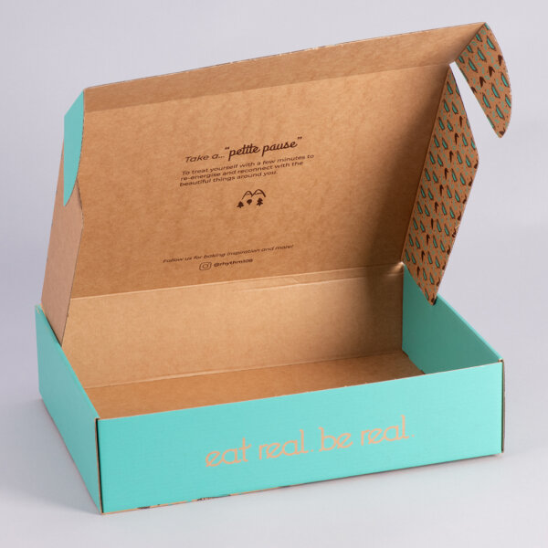 Screen printed corrugated mailer box printed both sides on kraft board for branded e-commerce, Create-This Ltd, UK manufactured
