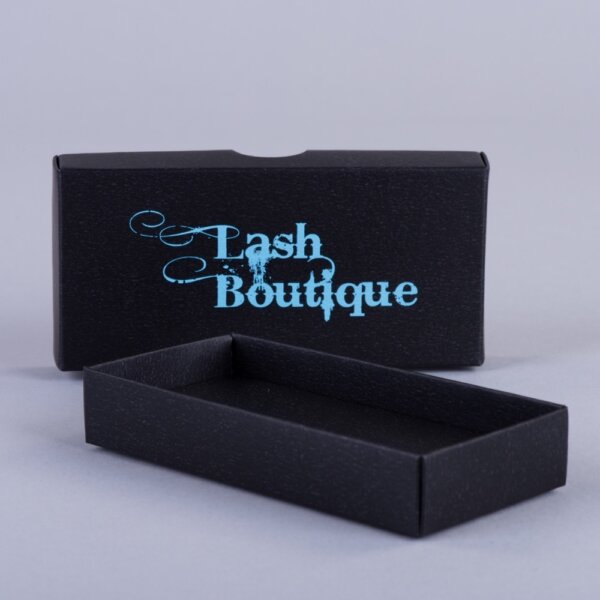 Shallow fold-over edge lift-off lid promotional box in black material with foil blocking, Create-This Ltd, UK manufactured