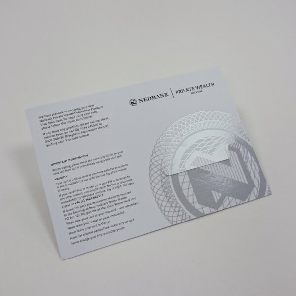 Credit card presentation packaging with concealed slot protecting sensitive card information, UK manufactured by Create-This Ltd