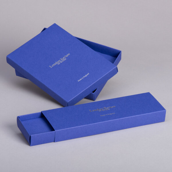 Custom luxury sliding presentation box in coloured material with foil-blocked branding, Create-This Ltd, UK manufactured