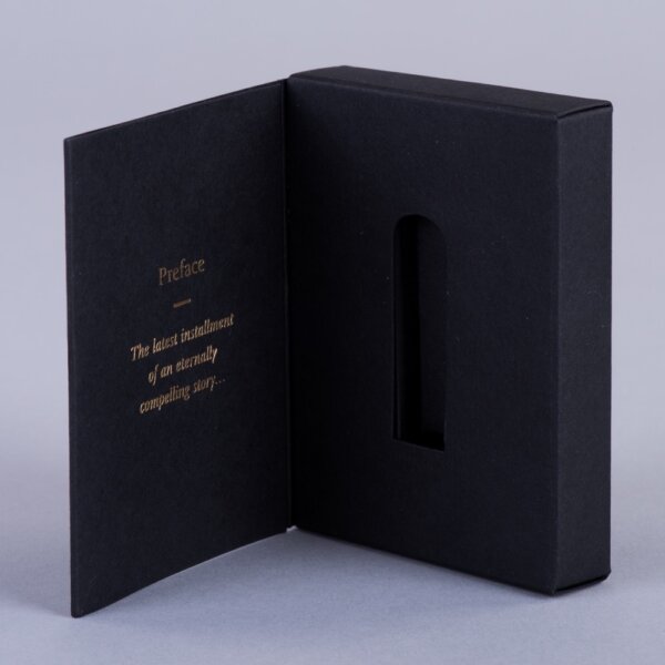 Small hinged lid presentation box for USB foil blocked two colours with board fitment, UK manufactured by Create-This Ltd