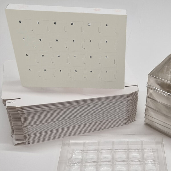 Self-fill advent calendar with recyclable vacuum-formed tray for corporate branding, Create-This Ltd