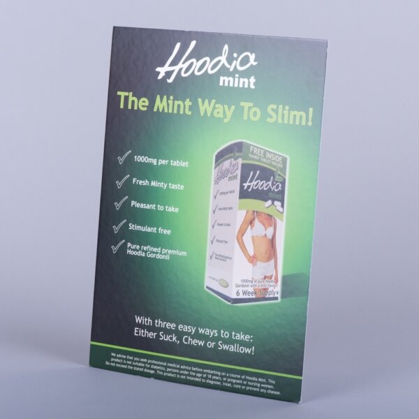 Custom square cut showcard counter top point of sale display supplied flat with strut, Create-This Ltd