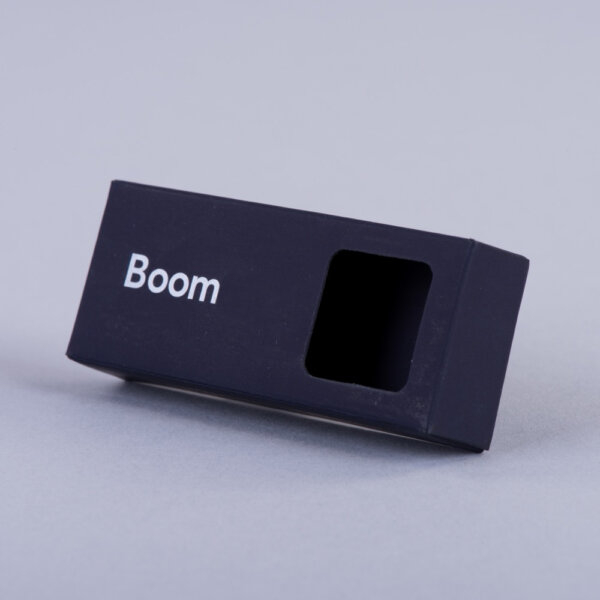 Tuck-in end carton for USB with die-cut window foil blocked coloured material retail packaging, Create-This Ltd