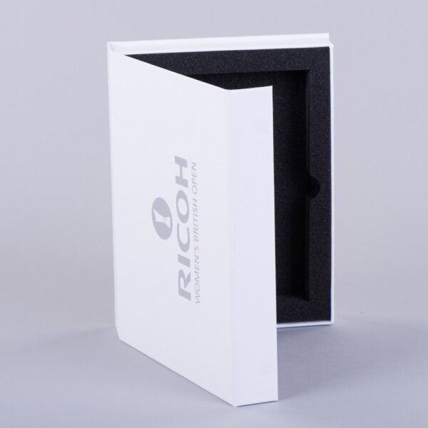 Wrap lid luxury presentation box Fedrigoni liner foil blocked magnetic closure foam fitment, UK manufactured by Create-This Ltd