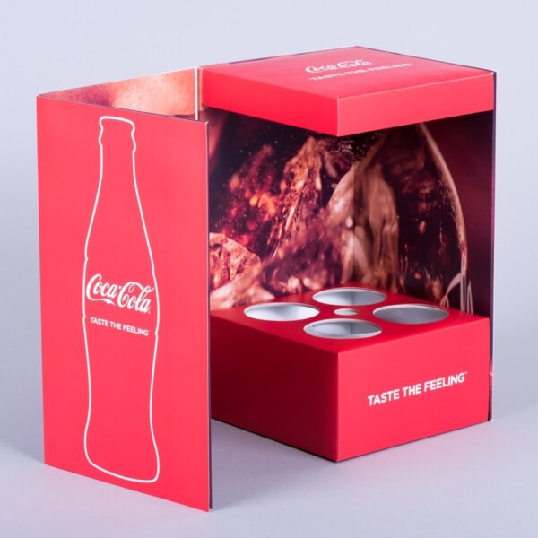 Wrap-round rigid presentation box for four bottles with sound module and magnetic flap closure, UK manufactured by Create-This Ltd